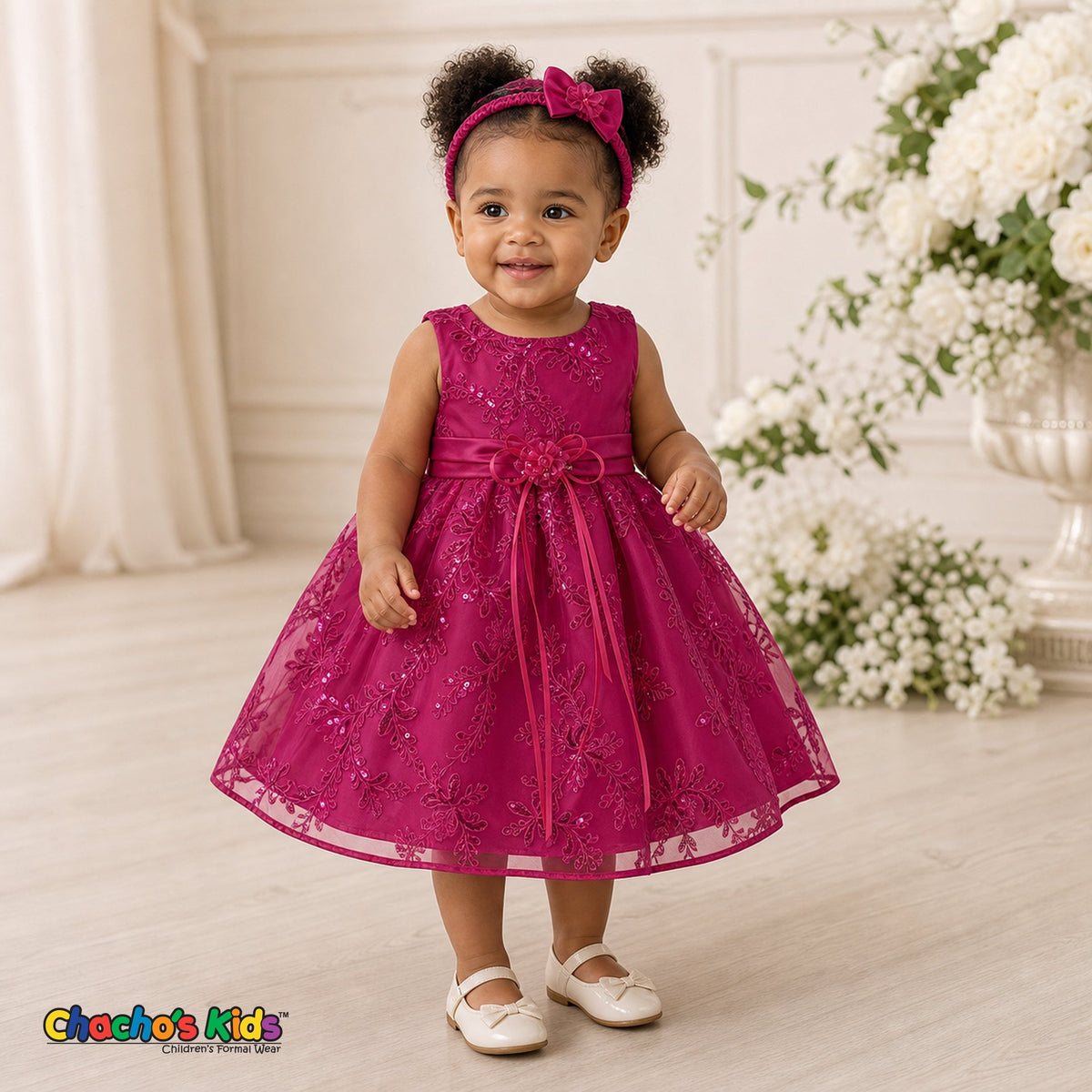 Baby girl wearing fuchsia embroidered sequin flower girl dress with floral waist detail, style 1597