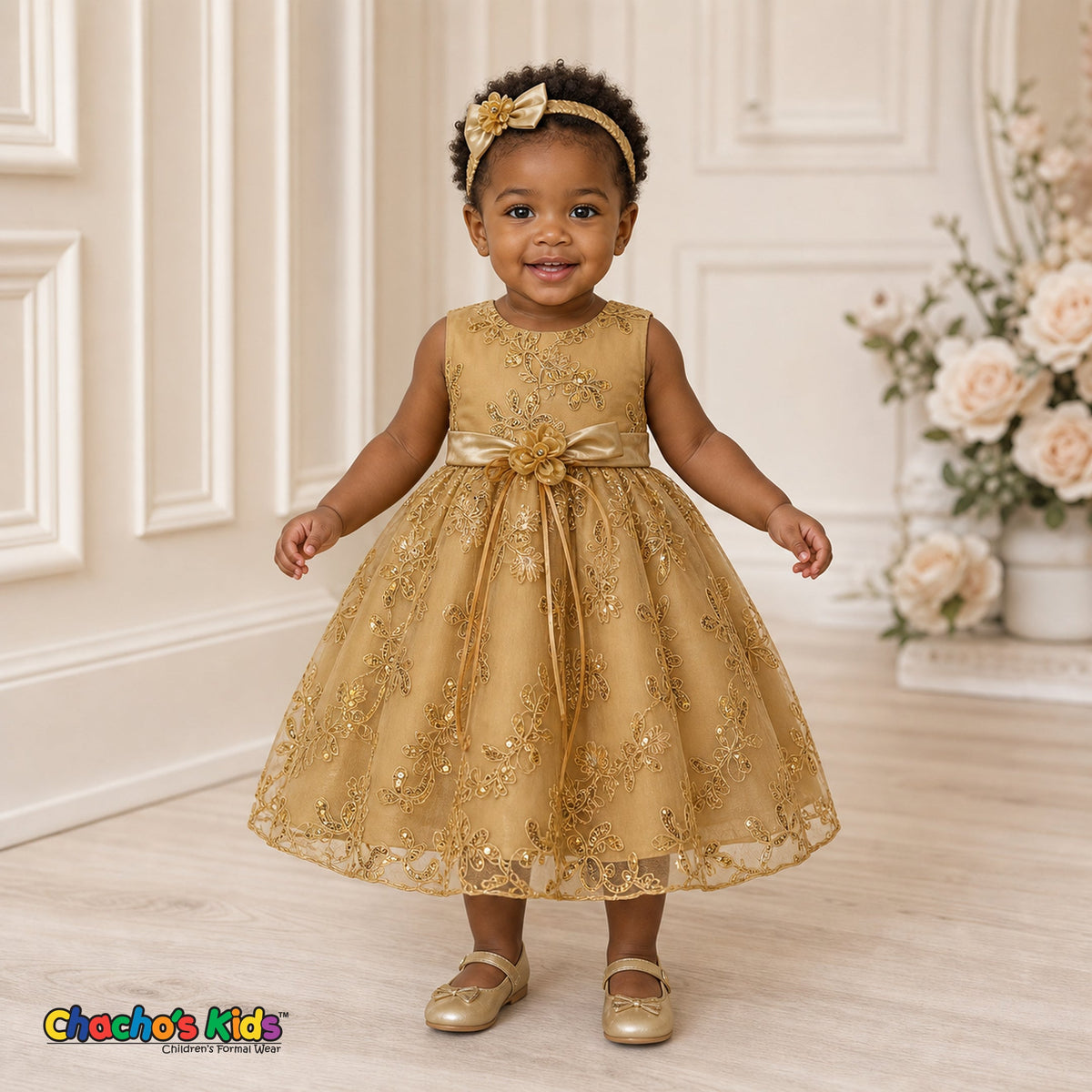 Baby girl wearing gold embroidered sequin flower girl dress with floral waist detail, style 1597