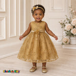 Baby girl wearing gold embroidered sequin flower girl dress with floral waist detail, style 1597