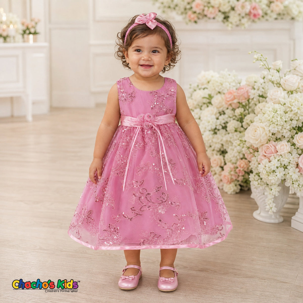 Baby girl wearing pink embroidered sequin flower girl dress with floral waist detail, style 1597