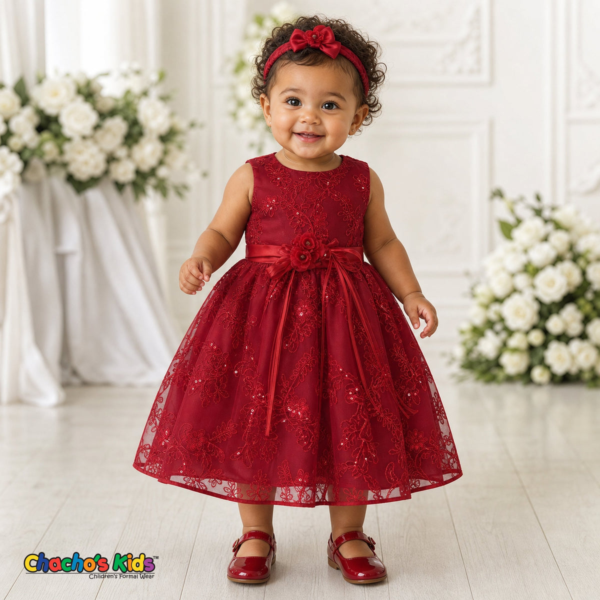 Baby girl wearing red embroidered sequin flower girl dress with floral waist detail, style 1597