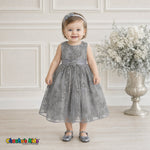 Baby girl wearing silver embroidered sequin flower girl dress with floral waist detail, style 1597