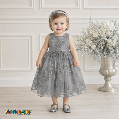 Baby girl wearing silver embroidered sequin flower girl dress with floral waist detail, style 1597