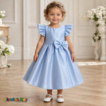 Baby girl wearing baby blue satin flower girl dress with flutter sleeves and bow, style B263