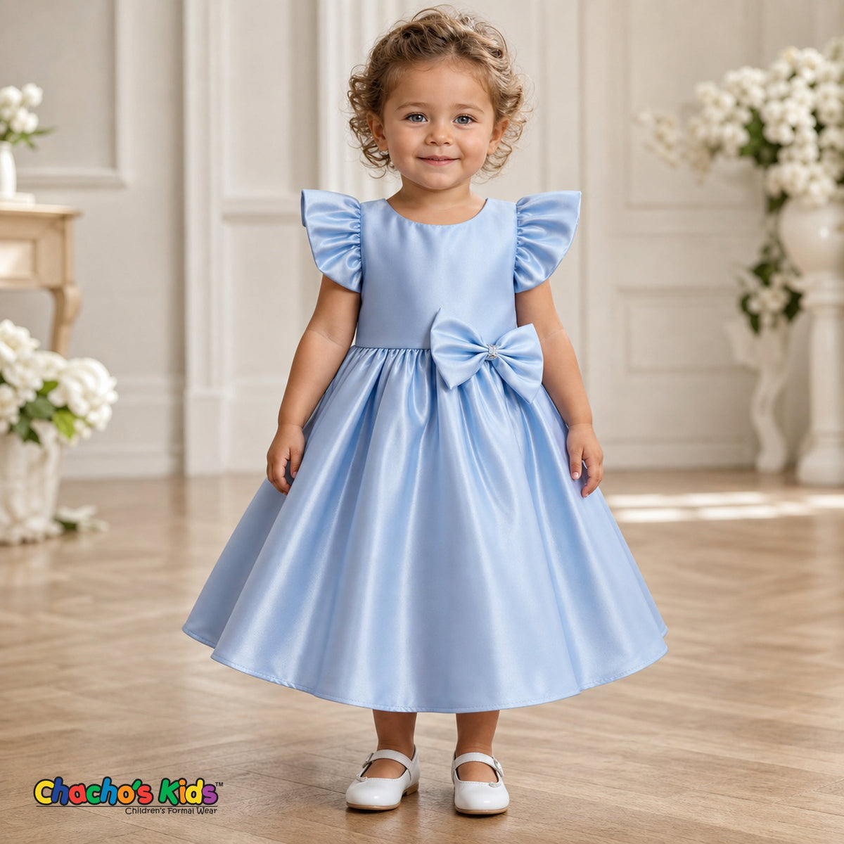 Baby girl wearing baby blue satin flower girl dress with flutter sleeves and bow, style B263