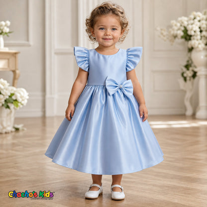 Baby girl wearing baby blue satin flower girl dress with flutter sleeves and bow, style B263