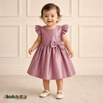 Baby girl wearing dusty rose satin flower girl dress with flutter sleeves and bow, style B263