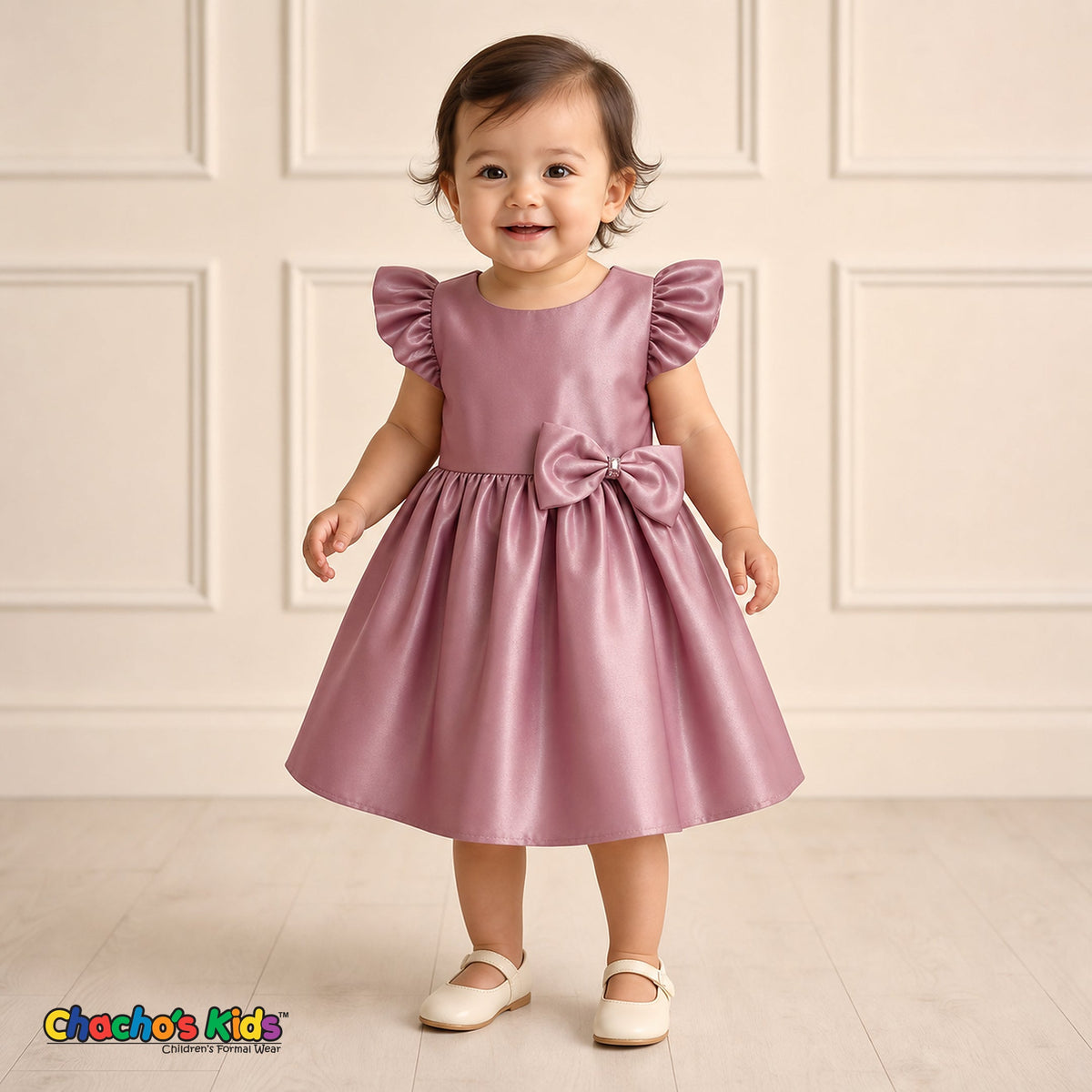 Baby girl wearing dusty rose satin flower girl dress with flutter sleeves and bow, style B263