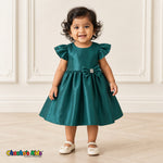 Baby girl wearing emerald green satin flower girl dress with flutter sleeves and bow, style B263