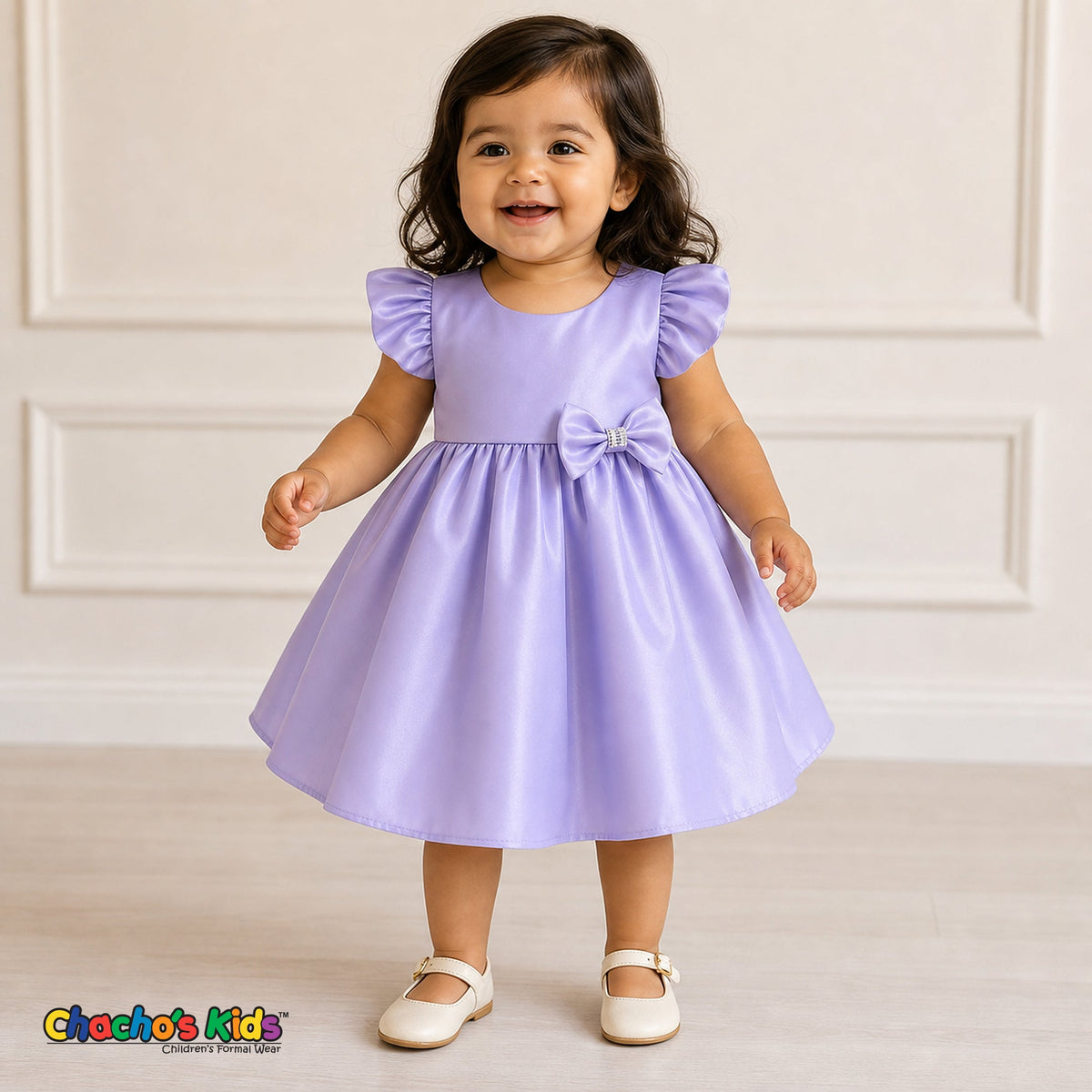 Baby girl wearing lilac satin flower girl dress with flutter sleeves and bow, style B263