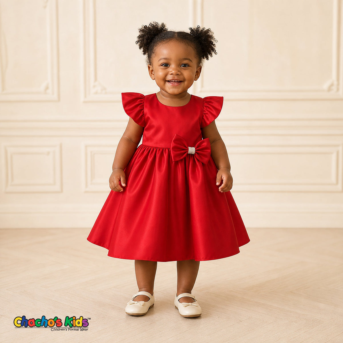 Baby girl wearing red satin flower girl dress with flutter sleeves and bow, style B263