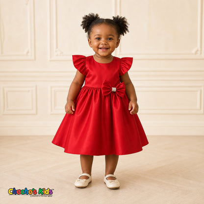Baby girl wearing red satin flower girl dress with flutter sleeves and bow, style B263