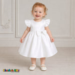 Baby girl wearing white satin flower girl dress with flutter sleeves and bow, style B263