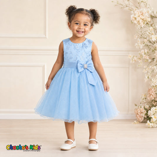 Toddler girl wearing Baby Blue embroidered glitter tulle party and flower girl dress Sofia