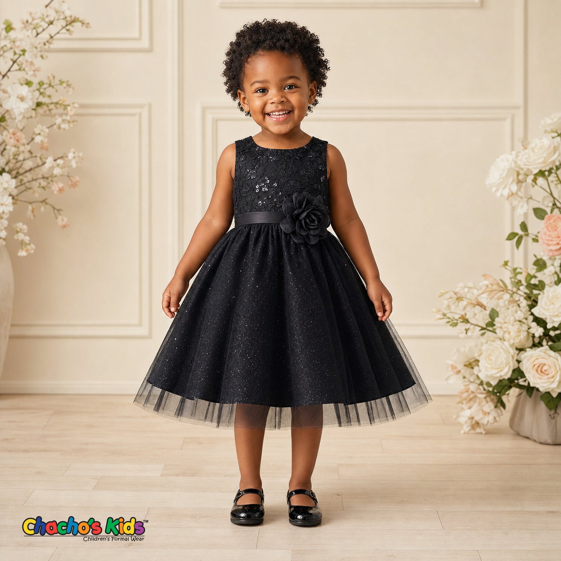 Toddler girl wearing Black embroidered glitter tulle party and flower girl dress Sofia