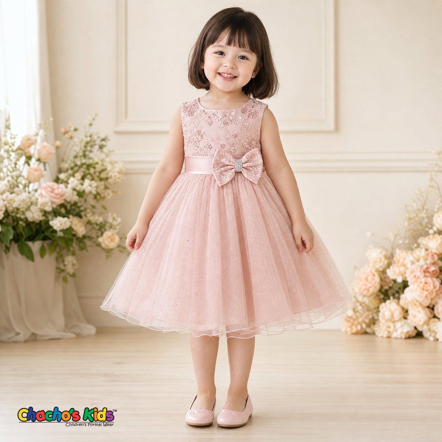 Toddler girl wearing Blush embroidered glitter tulle party and flower girl dress Sofia