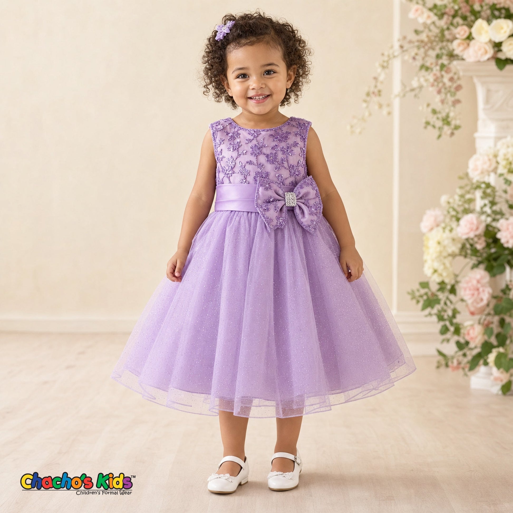 Toddler girl wearing Lilac embroidered glitter tulle party and flower girl dress Sofia