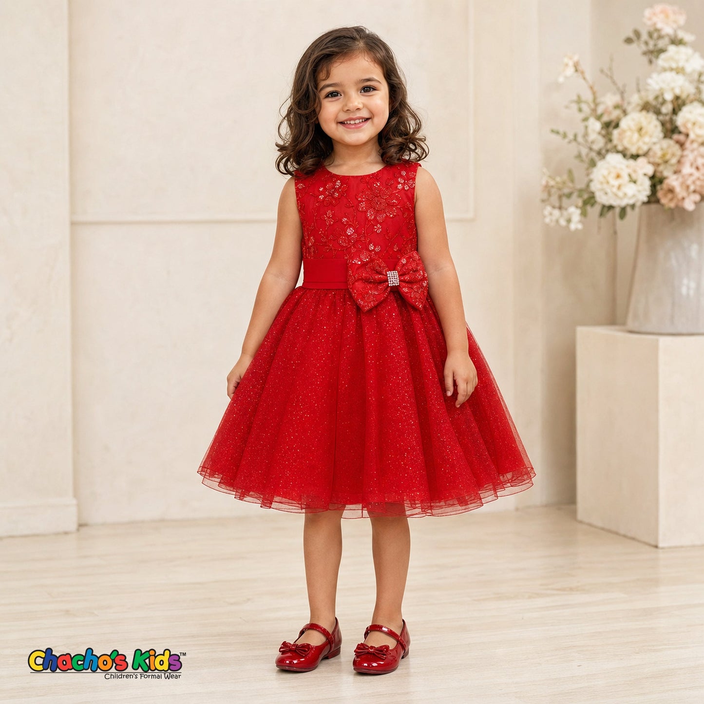 Toddler girl wearing Red embroidered glitter tulle party and flower girl dress Sofia