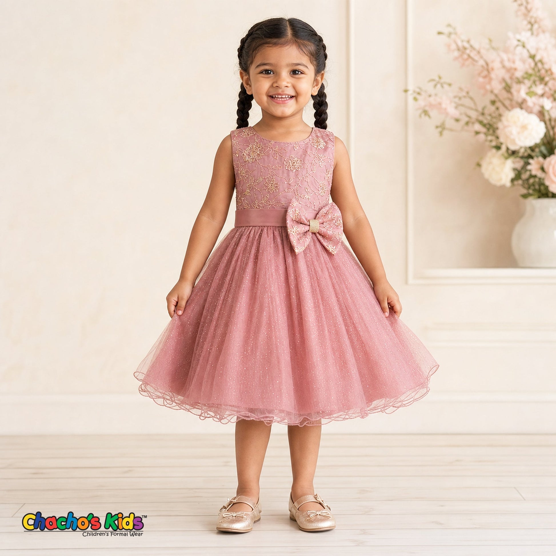 Toddler girl wearing Rose Gold embroidered glitter tulle party and flower girl dress Sofia