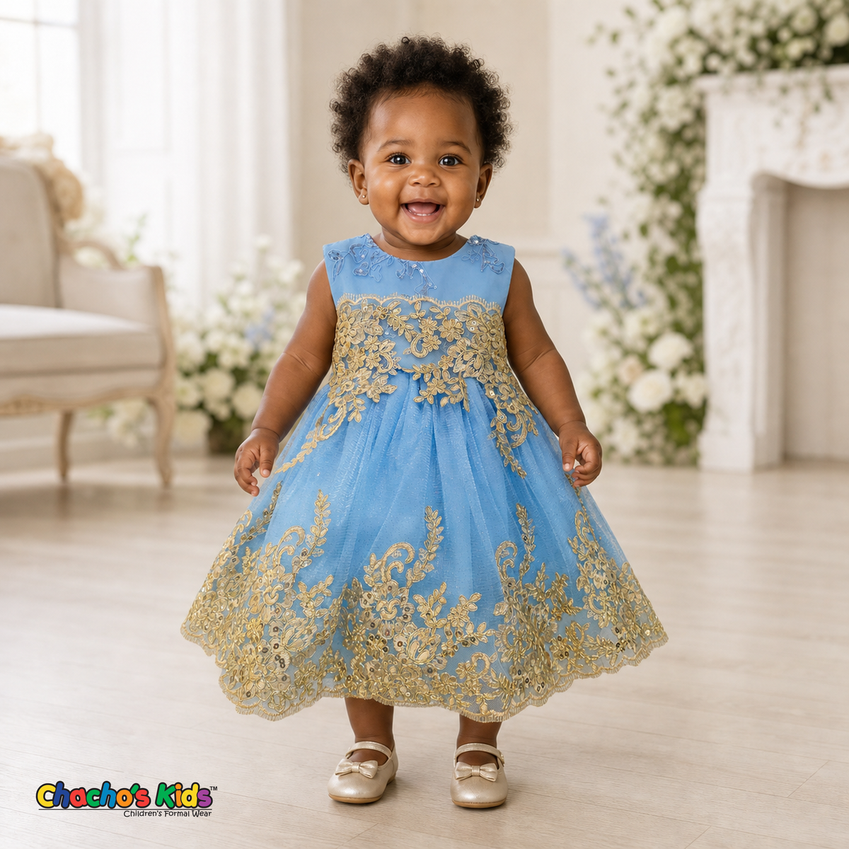 Baby Blue Baby Sophie luxury party dress with gold lace and glitter tulle modeled by a toddler - Chacho's Kids