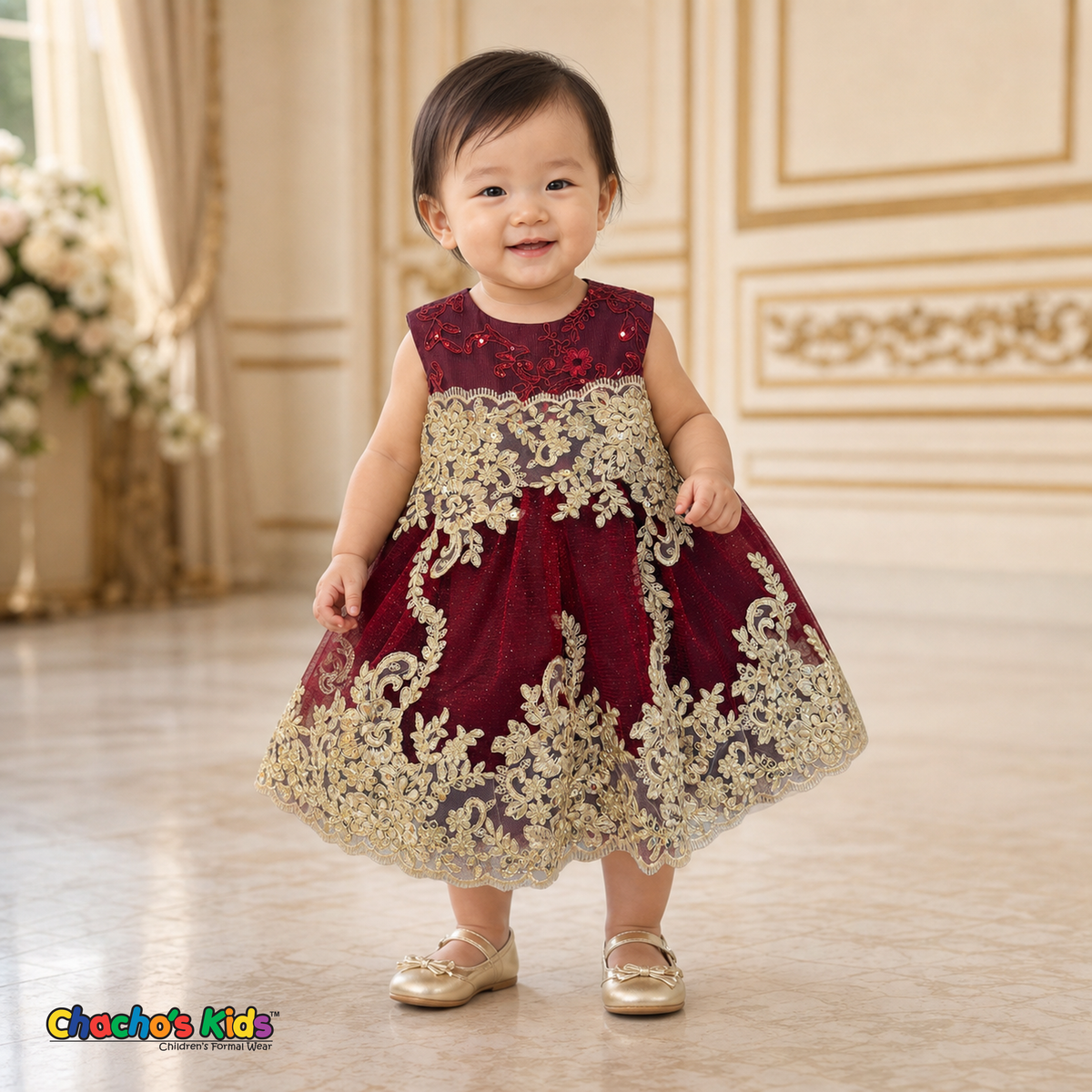Burgundy Baby Sophie luxury party dress with gold lace and glitter tulle modeled by a toddler - Chacho's Kids