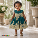 Emerald Green Baby Sophie luxury party dress with gold lace and glitter tulle modeled by a toddler - Chacho's Kids