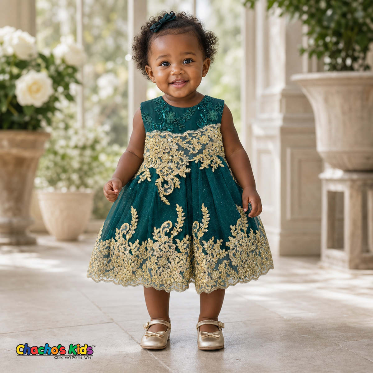 Emerald Green Baby Sophie luxury party dress with gold lace and glitter tulle modeled by a toddler - Chacho's Kids