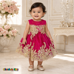 Fuchsia Baby Sophie luxury party dress with gold lace and glitter tulle modeled by a toddler - Chacho's Kids