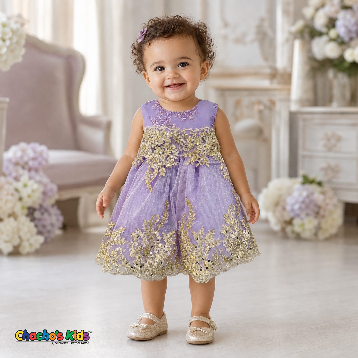 Lilac Baby Sophie luxury party dress with gold lace and glitter tulle modeled by a toddler - Chacho's Kids