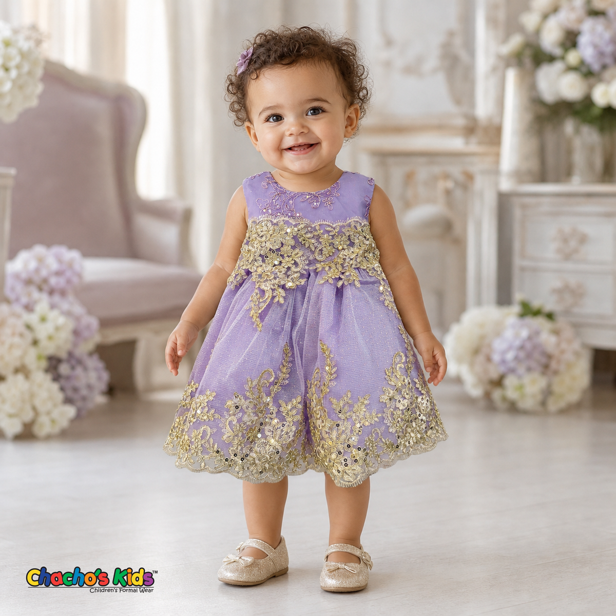 Lilac Baby Sophie luxury party dress with gold lace and glitter tulle modeled by a toddler - Chacho's Kids