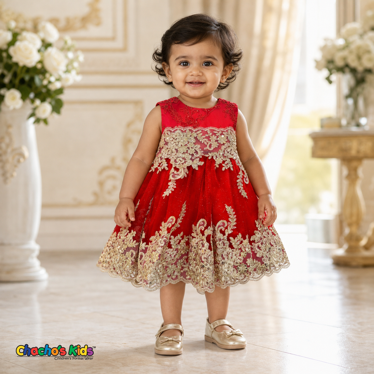Red Baby Sophie luxury party dress with gold lace and glitter tulle modeled by a toddler - Chacho's Kids