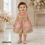 Rose Gold Baby Sophie luxury party dress with gold lace and glitter tulle modeled by a toddler - Chacho's Kids