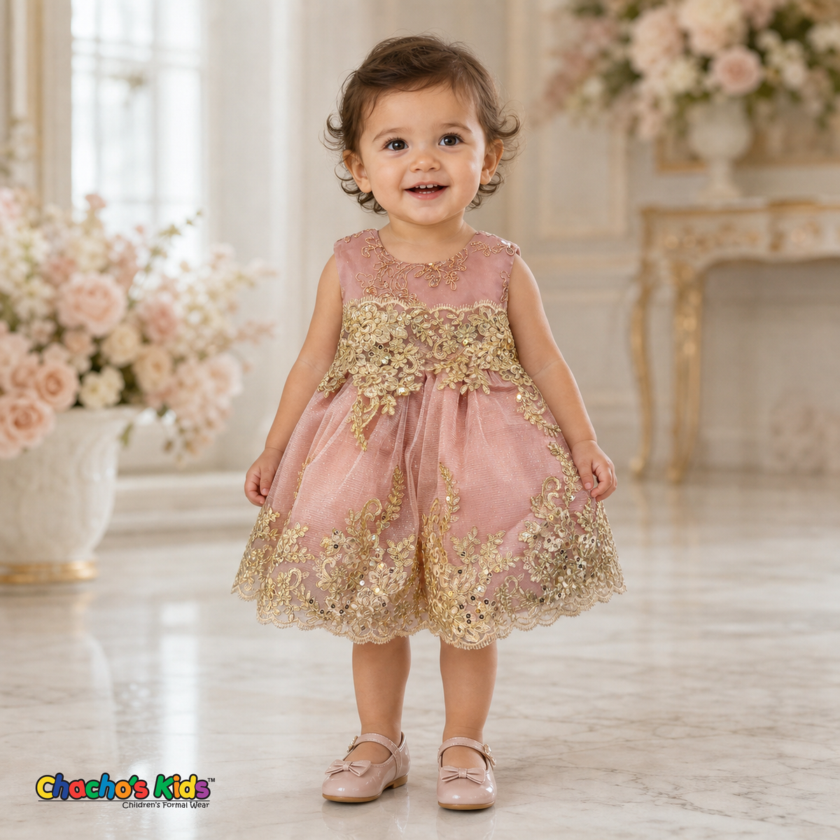 Rose Gold Baby Sophie luxury party dress with gold lace and glitter tulle modeled by a toddler - Chacho's Kids