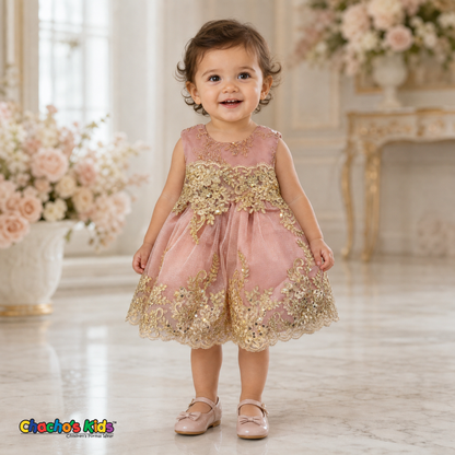 Rose Gold Baby Sophie luxury party dress with gold lace and glitter tulle modeled by a toddler - Chacho's Kids