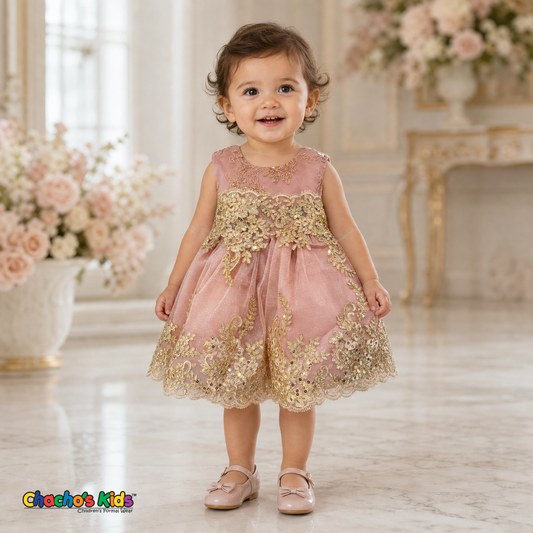 Rose Gold Baby Sophie luxury party dress with gold lace and glitter tulle modeled by a toddler - Chacho's Kids