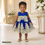 Royal Blue Baby Sophie luxury party dress with gold lace and glitter tulle modeled by a toddler - Chacho's Kids