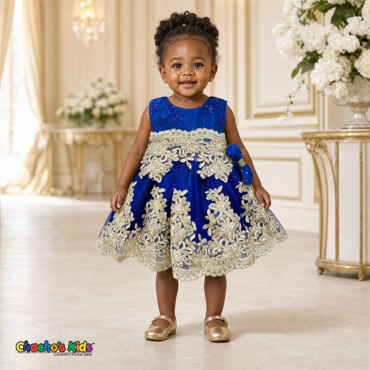 Royal Blue Baby Sophie luxury party dress with gold lace and glitter tulle modeled by a toddler - Chacho's Kids