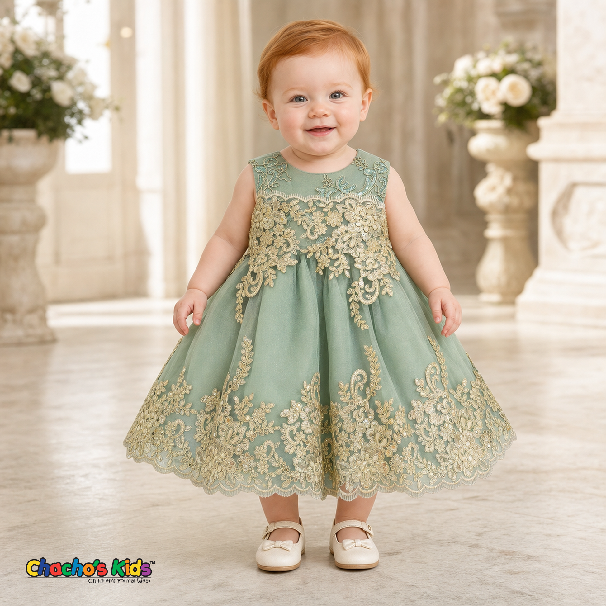 Sage Green Baby Sophie luxury party dress with gold lace and glitter tulle modeled by a toddler - Chacho's Kids
