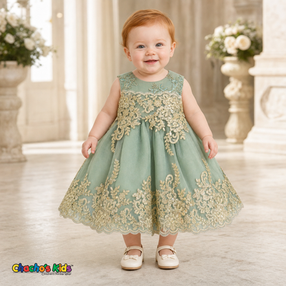 Sage Green Baby Sophie luxury party dress with gold lace and glitter tulle modeled by a toddler - Chacho's Kids
