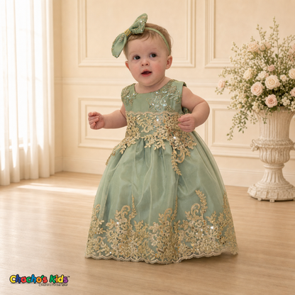 Sage Green Baby Sophie luxury party dress with gold lace and glitter tulle modeled by a toddler - Chacho's Kids