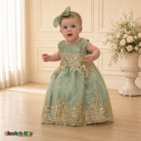 Sage Green Baby Sophie luxury party dress with gold lace and glitter tulle modeled by a toddler - Chacho's Kids