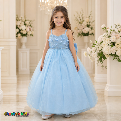 Baby blue floral tulle ball gown dress for girls style 9014 on model | Chacho's Kids