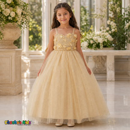 Champagne floral tulle ball gown dress for girls style 9014 on model | Chacho's Kids