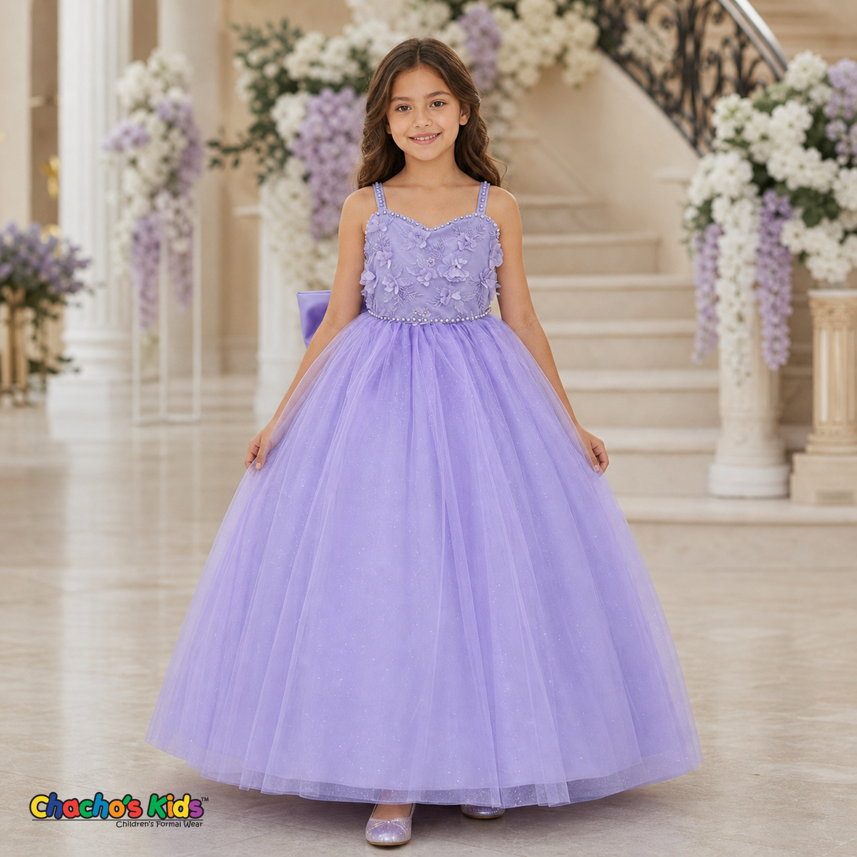 Lilac floral tulle ball gown dress for girls style 9014 on model | Chacho's Kids