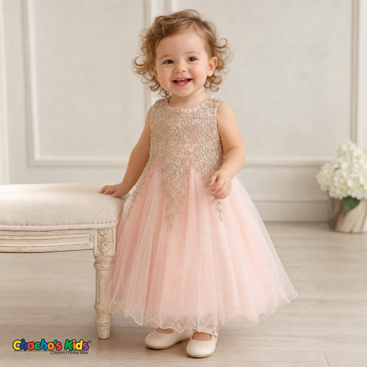 Baby wearing Blush Baby Embroidered Tulle Dress for weddings and parties, style 9004m - Chacho's Kids