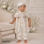 Baby boy wearing ivory four-piece Spanish-style baptism outfit with ceremonial hat, embroidered cross stole and loose bloomer pants, style 0503 - Chacho's Kids