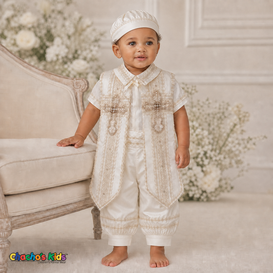 Baby boy wearing ivory four-piece Spanish-style baptism outfit with ceremonial hat, embroidered cross stole and loose bloomer pants, style 0503 - Chacho's Kids