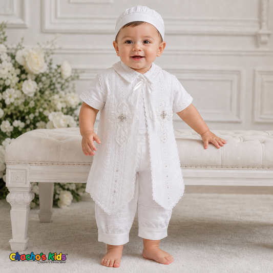 Baby boy wearing white four-piece Spanish-style baptism outfit with ceremonial hat, embroidered cross stole and loose bloomer pants, style 0503 - Chacho's Kids