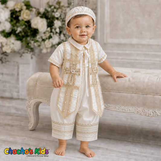 Ivory boys baptism outfit with embroidered crosses and matching cap, style 0603 - Chacho's Kids