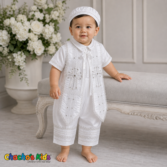 White boys baptism outfit with embroidered crosses and matching cap, style 0603 - Chacho's Kids